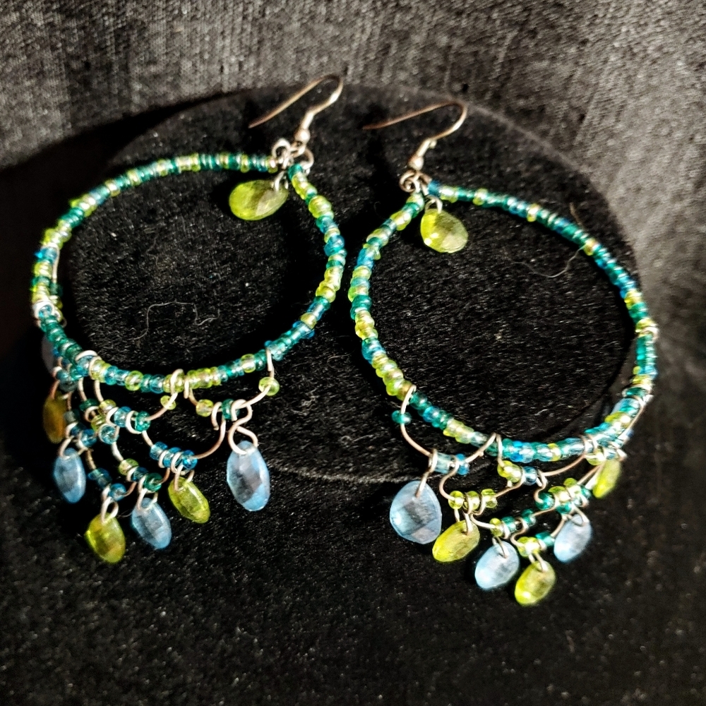 Blue and Green Gem Dangle Hoop Earrings - Picture 4 of 4